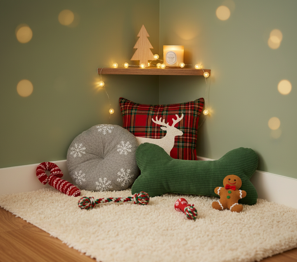 Cantinho acolhedor decorado para o Natal com caminha de cachorro e luzes seguras.