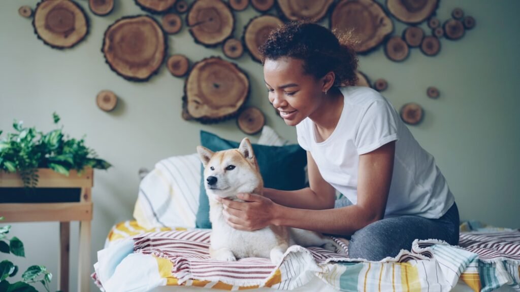 Cachorro sente quando alguém vai morrer: tutora fazendo carinho no cão deitado na cama