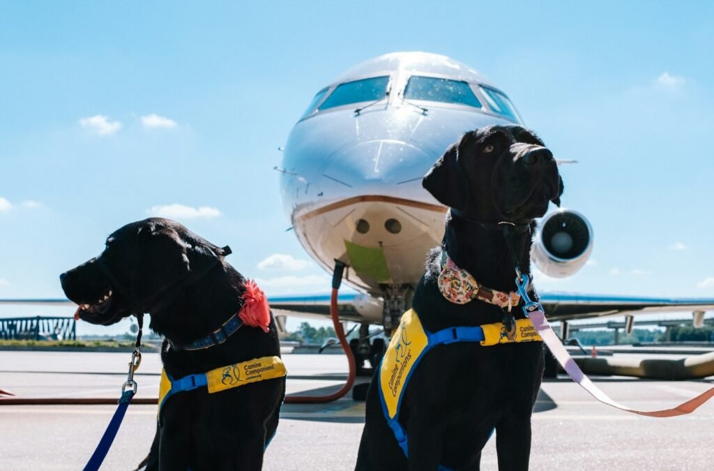 Cão de suporte emocional: dois cachorros pretos sentados em frente a um avião no aeroporto