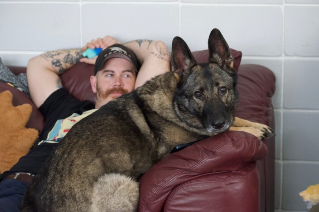 Como o cachorro diz eu te amo - tutor deitado no sofá encostado no cachorro