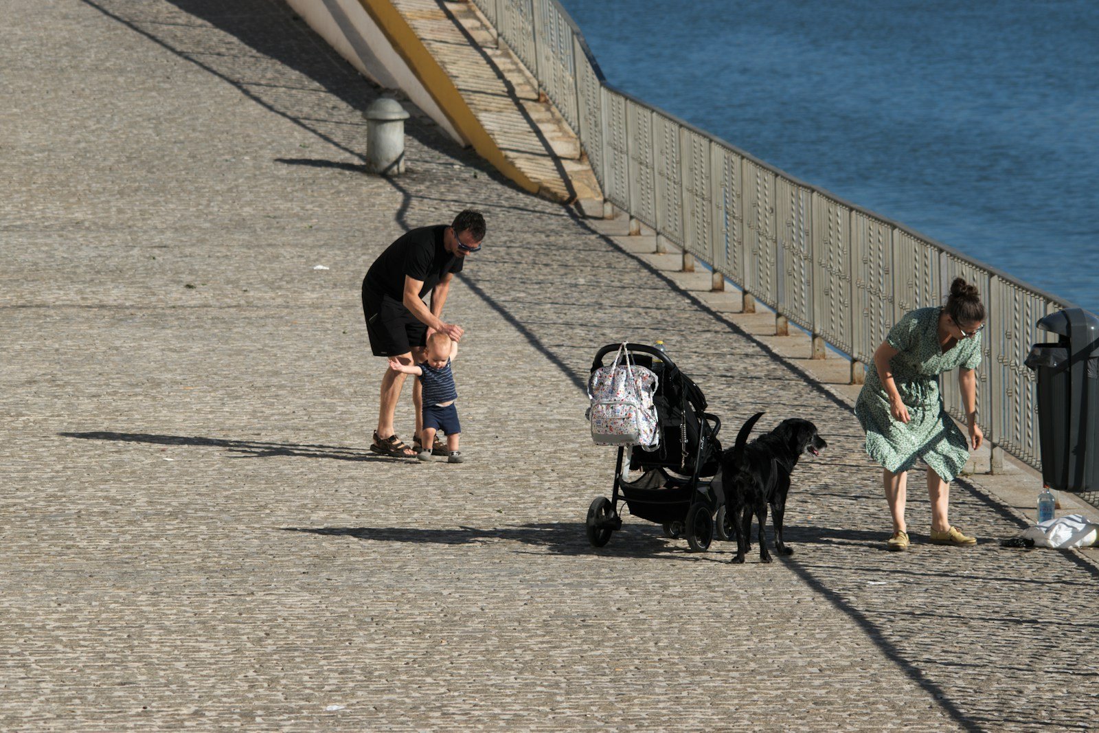 Benefícios de ter um cachorro em casa: casal com bebê no carrinho e cachorro à beira da água