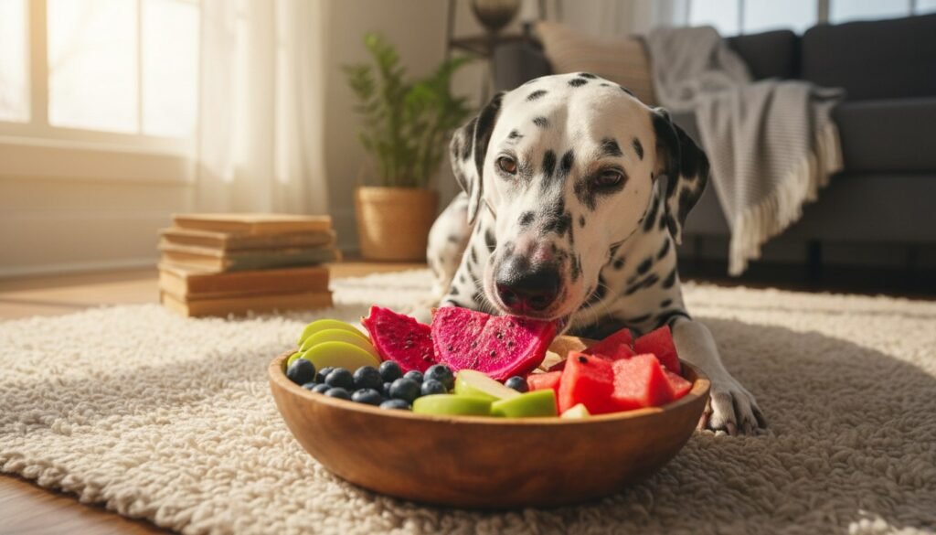 Cachorro pode comer pitaya: cão dálmata cheirando tigela com pitaya cortada e outras frutas