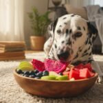 Cachorro pode comer pitaya: cão dálmata cheirando tigela com pitaya cortada e outras frutas
