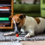 Cachorro pode comer tomate: jack russell terrier deitado no tapete observando um tomate-cereja vermelho no chão