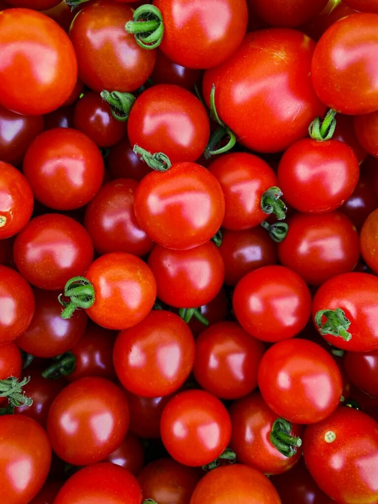 Cachorro pode comer tomate: pilha de tomates-cereja vermelhos vistos de perto, ilustrando a ideia de quantidade e porção
