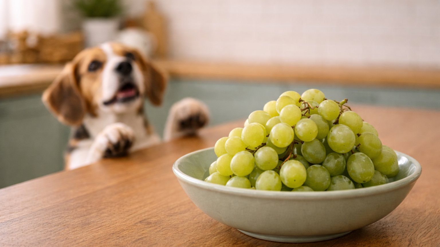 Cachorro pode comer uva: cão apoiado no balcão da cozinha olhando para uma tigela de uvas verdes em cima da mesa