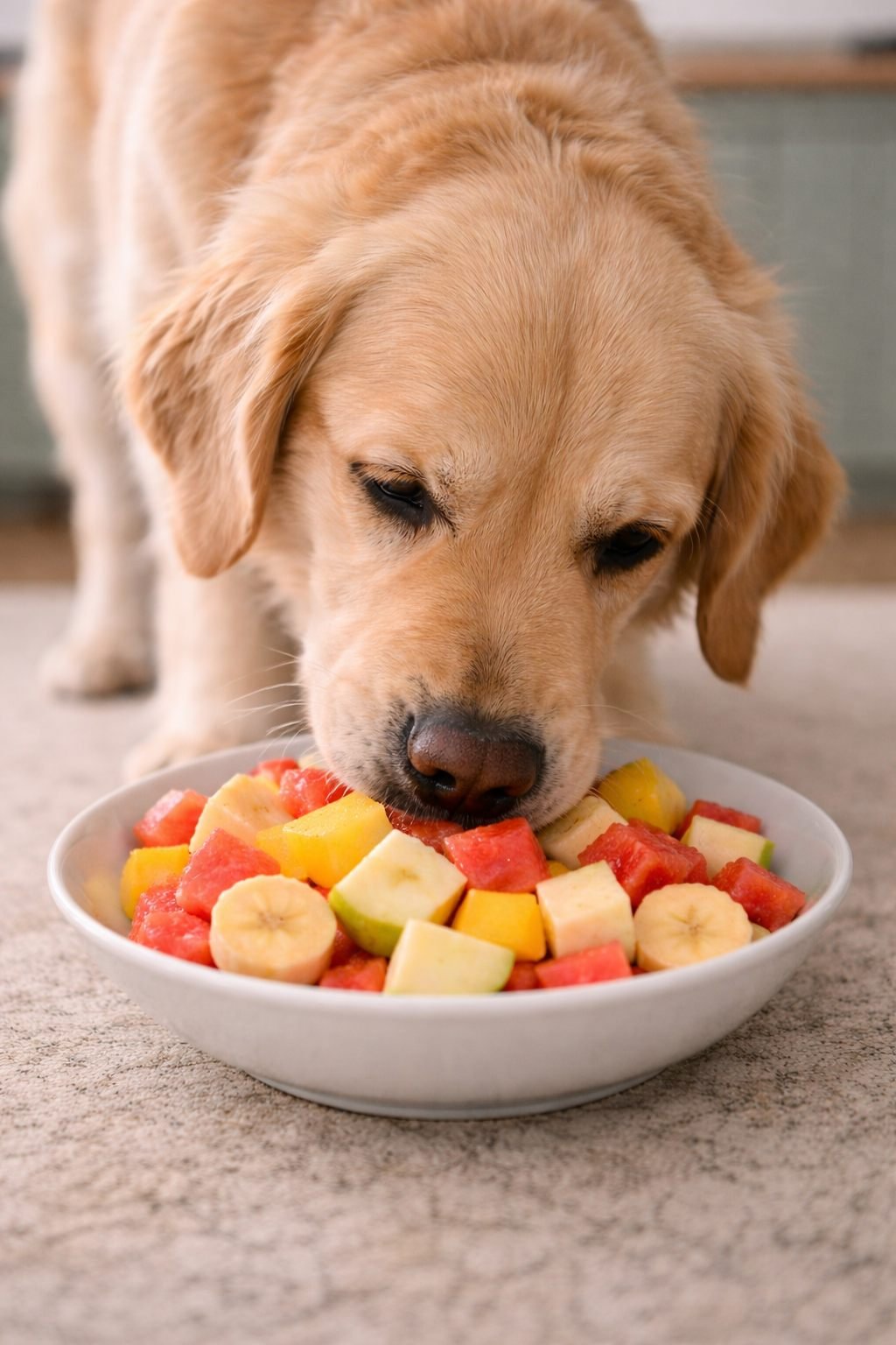 Cachorro pode comer uva? O alerta que muita gente ignora Cachorro pode comer uva: cão comendo uma tigela de frutas seguras cortadas em cubos, alternativa saudável à uva