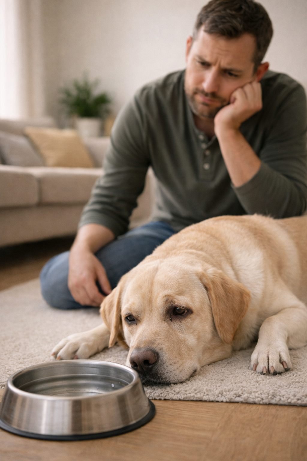 Cachorro pode comer uva? O alerta que muita gente ignora Cachorro pode comer uva: tutor preocupado observando cão deitado ao lado do pote de água vazio, sinal de atenção após a ingestão