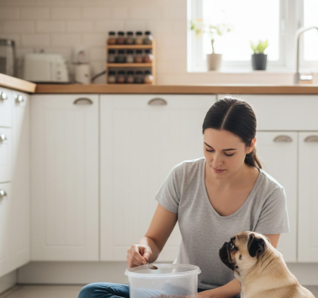 O que Fazer Quando o Cachorro Vomita Amarelo: Passo a Passo para Proteger Seu Pet Vômito amarelo em cachorro: tutora oferecendo pequenas porções de ração a um Pug