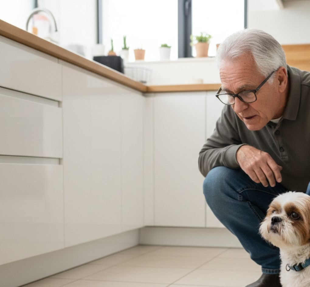 O que Fazer Quando o Cachorro Vomita Amarelo: Passo a Passo para Proteger Seu Pet Vômito amarelo em cachorro: tutor agachado observando o vômito no chão ao lado de um Shih Tzu