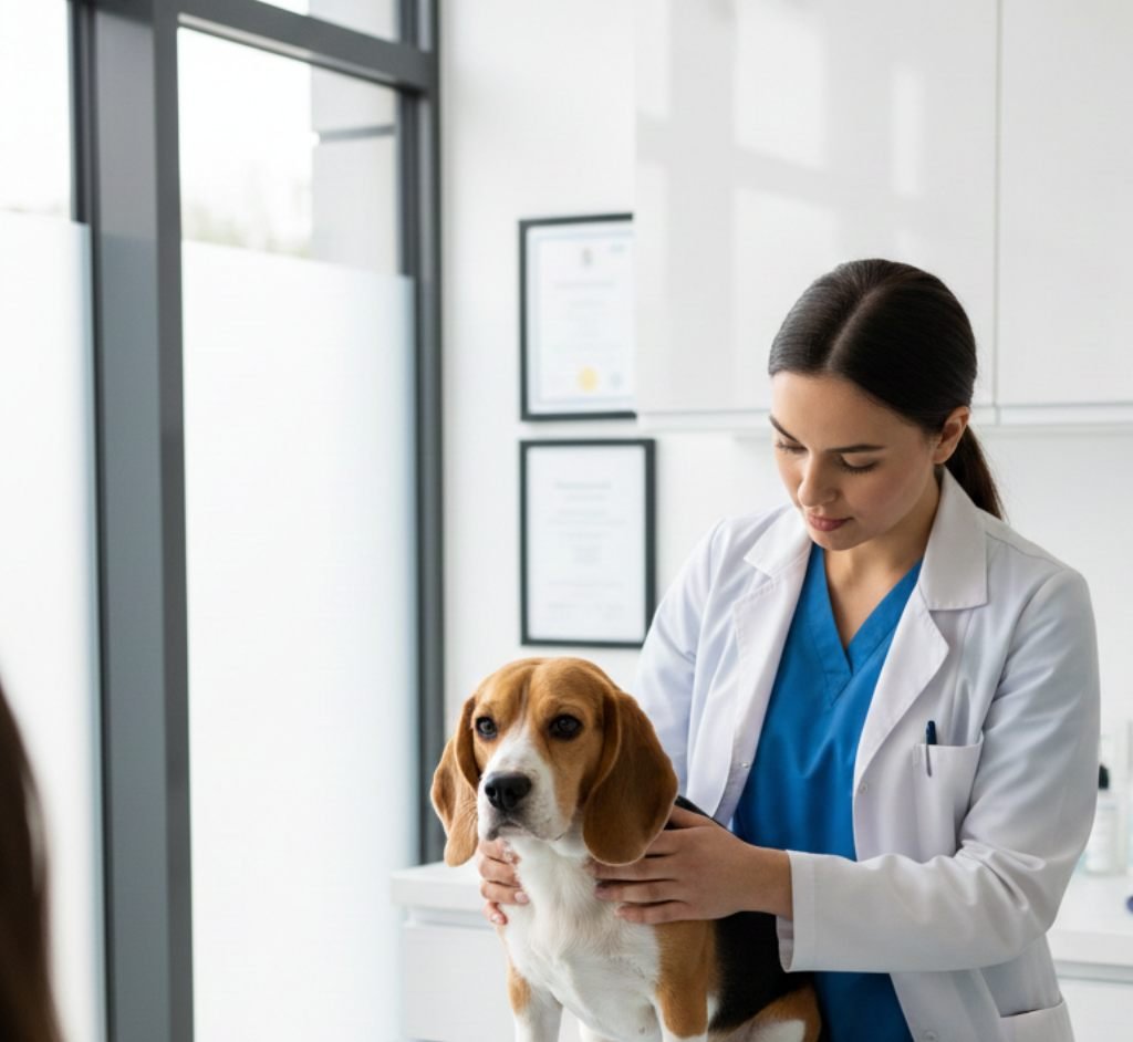 O que Fazer Quando o Cachorro Vomita Amarelo: Passo a Passo para Proteger Seu Pet Vômito amarelo em cachorro: veterinária examinando um Beagle deitado sobre a mesa de exame