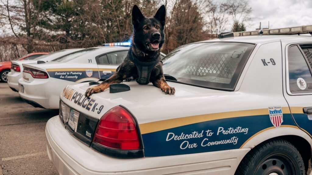 Cão policial em cima de viatura com luzes acesas