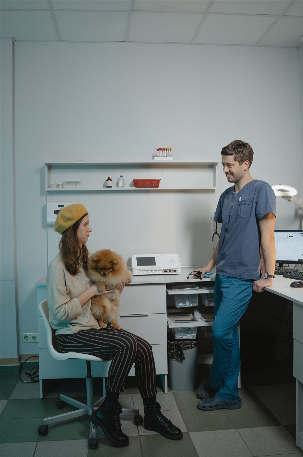 Cremação de cachorro: tutora sentada com seu cão de colo durante consulta veterinária