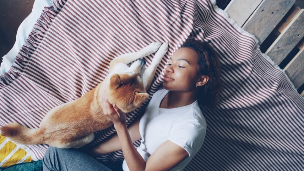 Dormir com o cachorro faz mal espiritualmente: mulher deitada em cama com cachorro shiba inu, vista de cima, ambiente aconchegante