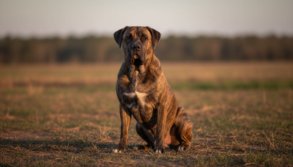 Fila Brasileiro sentado em campo aberto, com a pelagem tigrada e o porte característico da raça