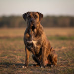 Fila Brasileiro sentado em campo aberto, com a pelagem tigrada e o porte característico da raça