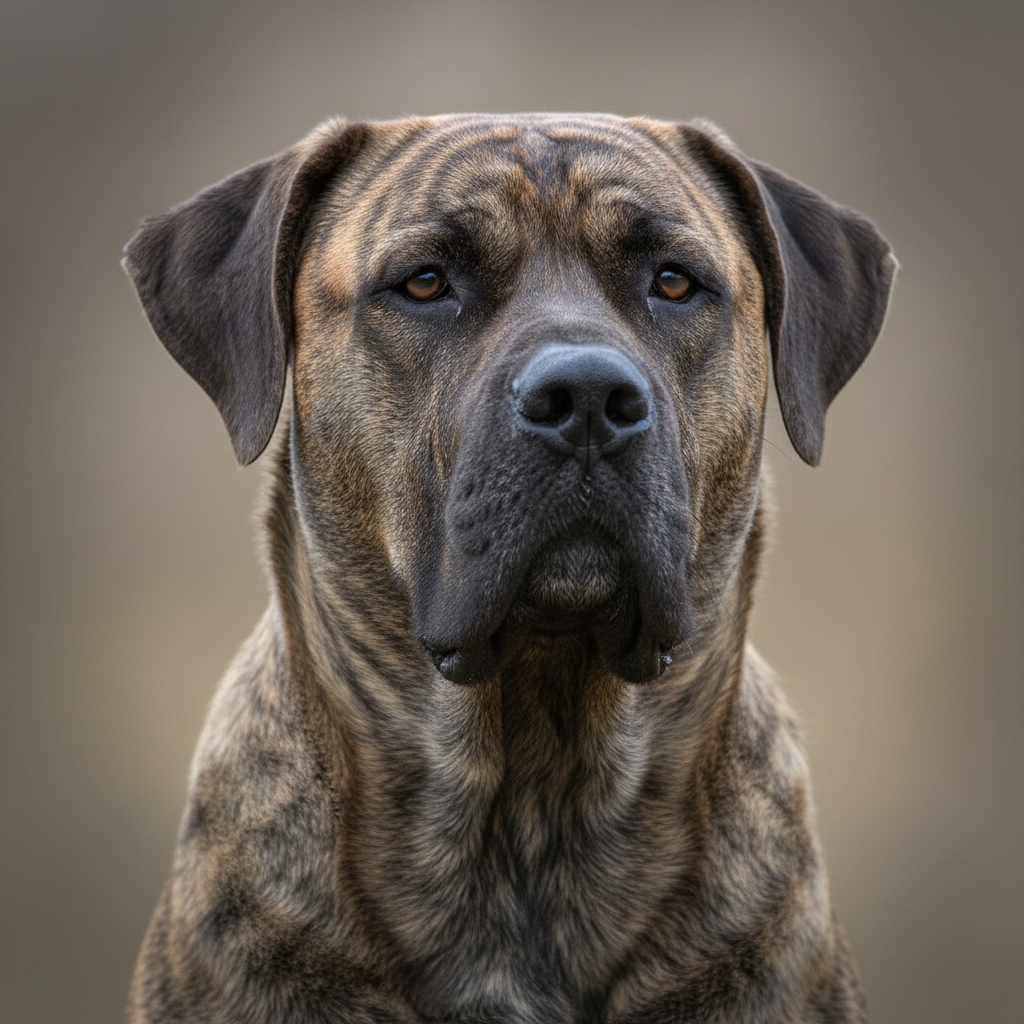 Fila Brasileiro em close, mostrando a pele solta do pescoço e a cabeça maciça características da raça