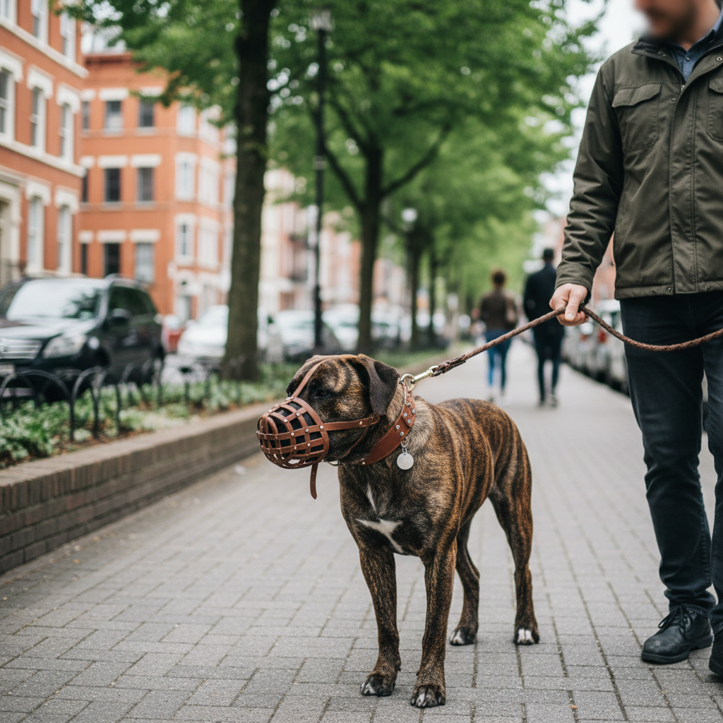 Fila Brasileiro com focinheira sendo passeado na cidade, seguindo as exigências legais de posse
