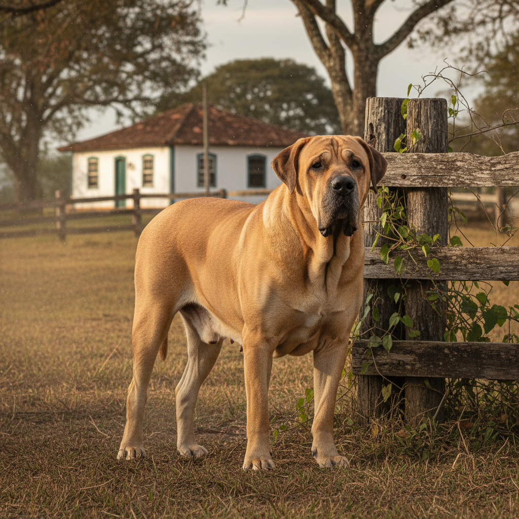 Fila Brasileiro de pelagem dourada ao lado de uma cerca rústica, remetendo à origem rural da raça no Brasil