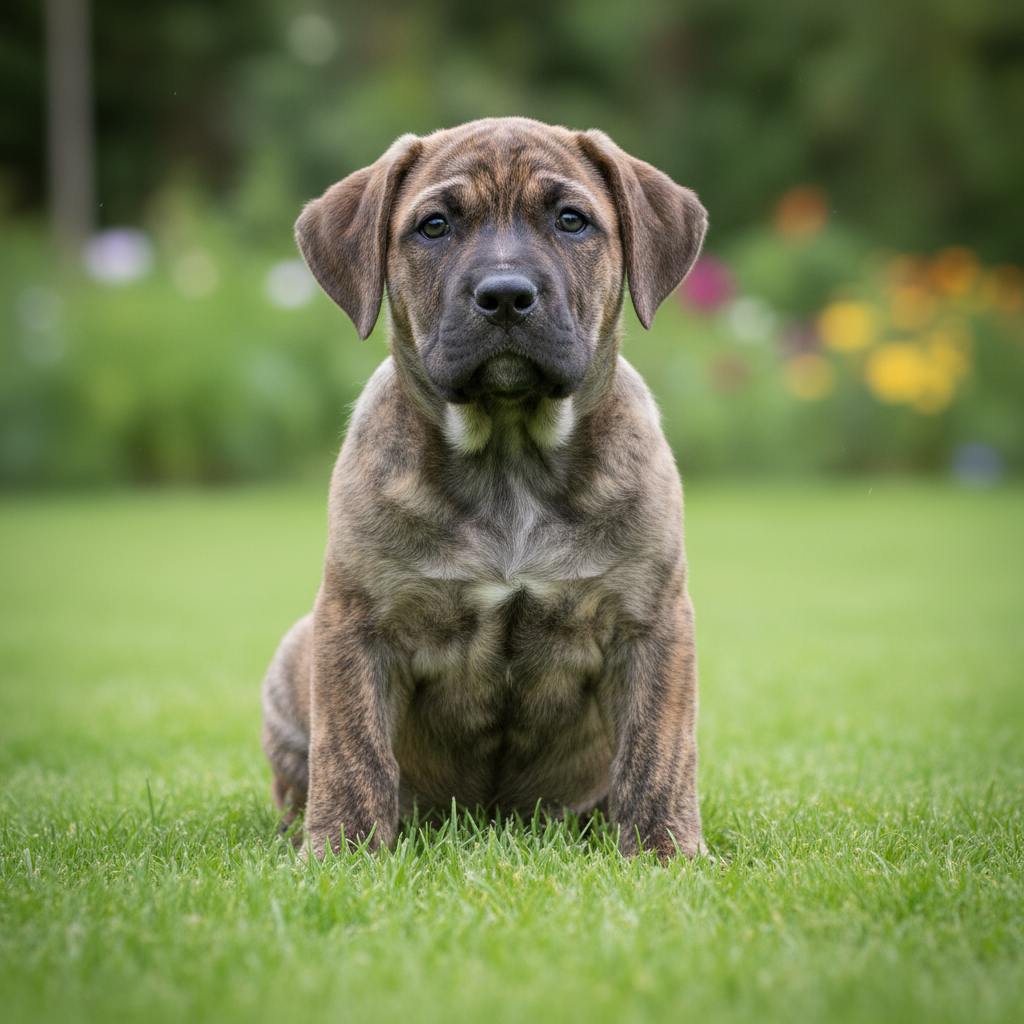 Fila Brasileiro filhote sentado na grama, ainda com a pelagem tigrada em formação