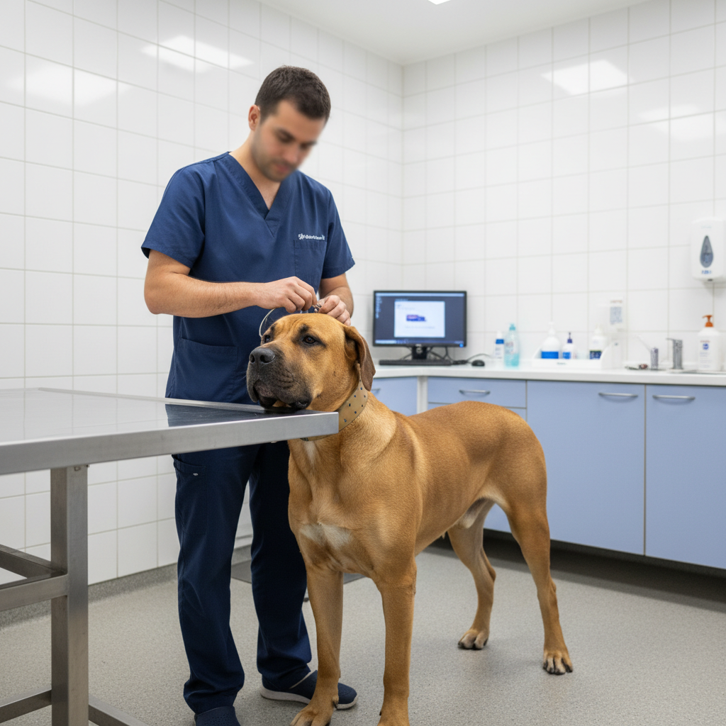 Fila Brasileiro em consulta veterinária, sendo examinado por um profissional