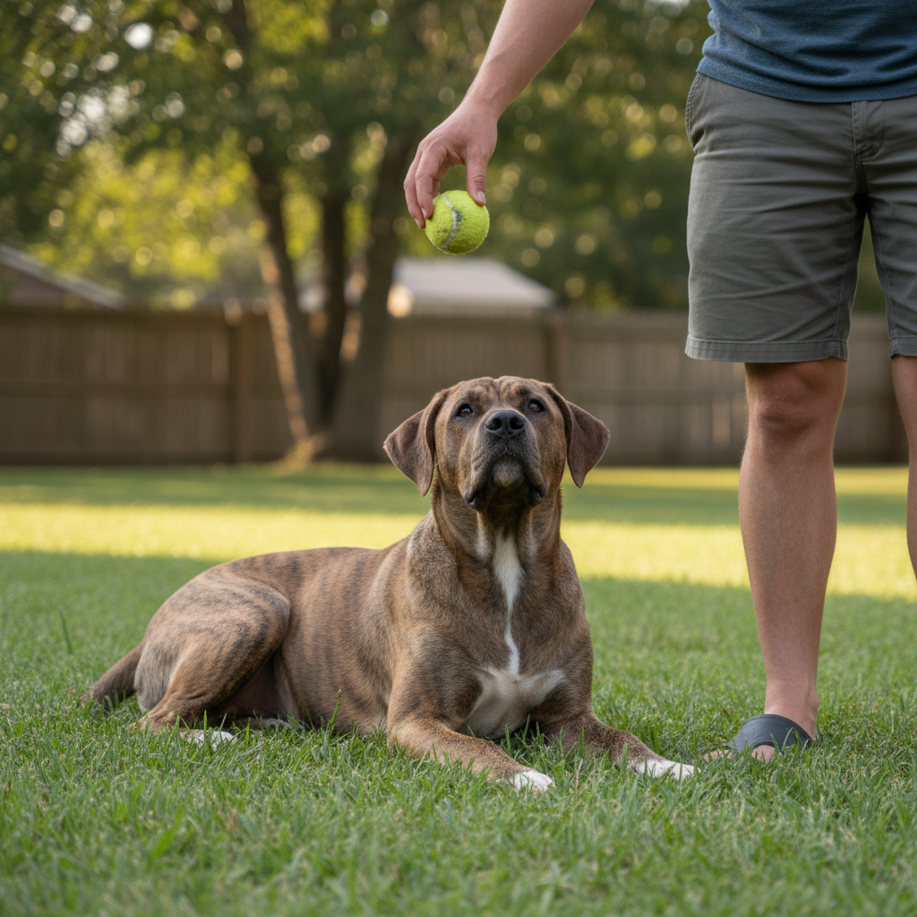 Fila Brasileiro deitado no quintal durante brincadeira com o tutor, mostrando o lado dócil da raça