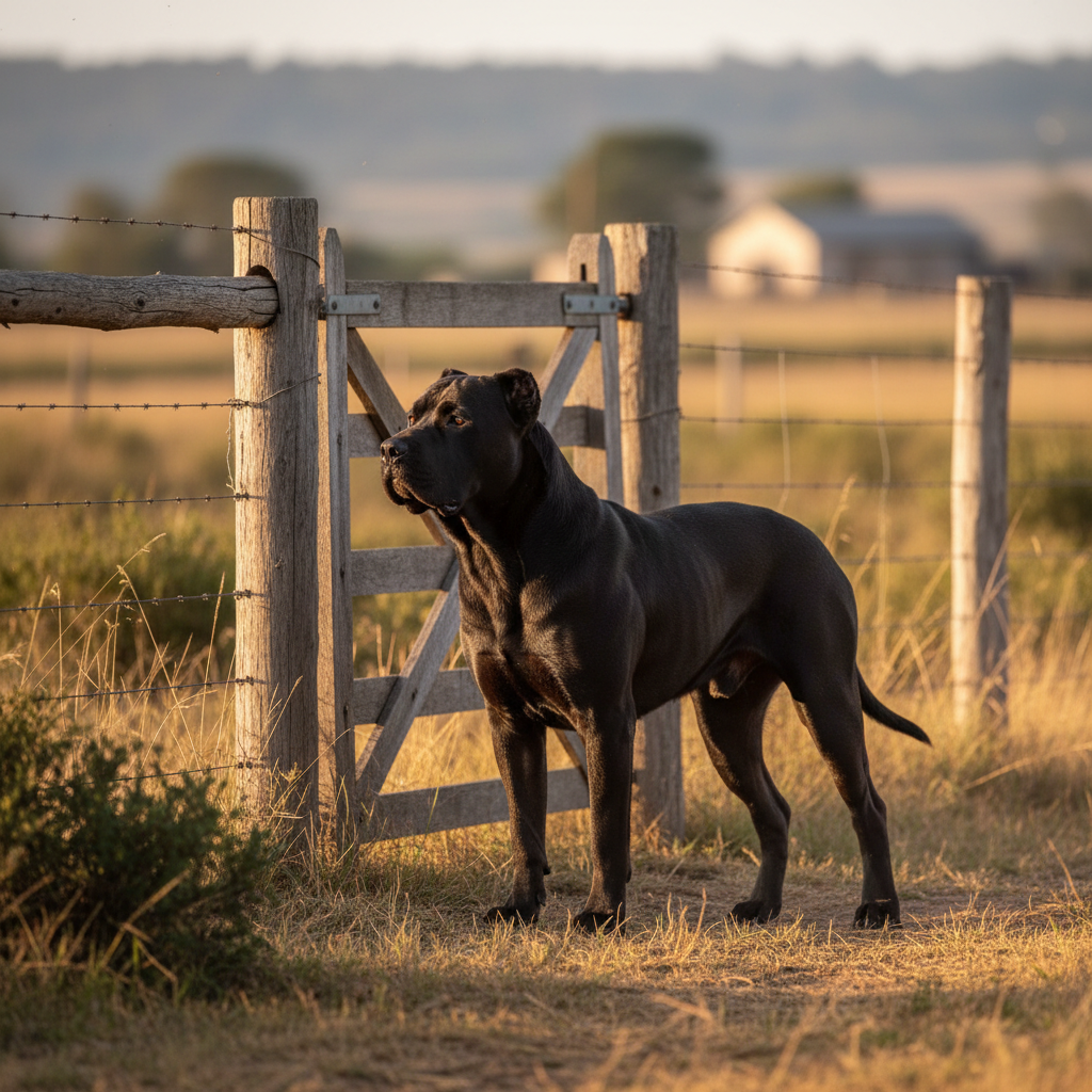 Fila Brasileiro em postura alerta junto a um portão rural, vigilante ao ambiente
