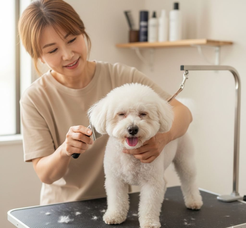 As 12 Raças de Cachorro que Não Soltam Pelo: Guia Completo Raças de cachorro que não soltam pelo: tutora escovando delicadamente um Bichon Frisé