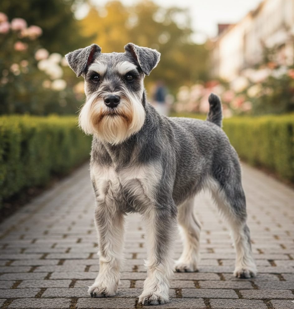 As 12 Raças de Cachorro que Não Soltam Pelo: Guia Completo Raças de cachorro que não soltam pelo: Schnauzer Miniatura com barba característica ao ar livre