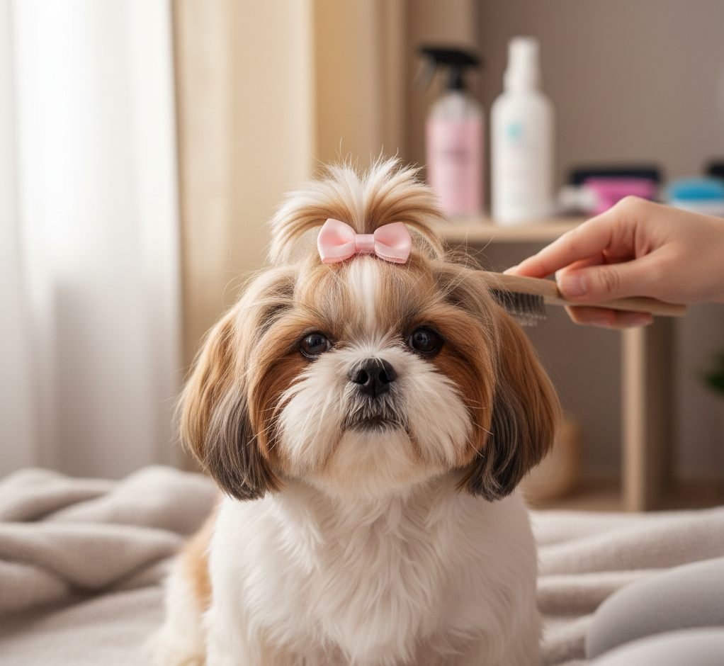 As 12 Raças de Cachorro que Não Soltam Pelo: Guia Completo Raças de cachorro que não soltam pelo: Shih Tzu com laço rosa sendo escovado