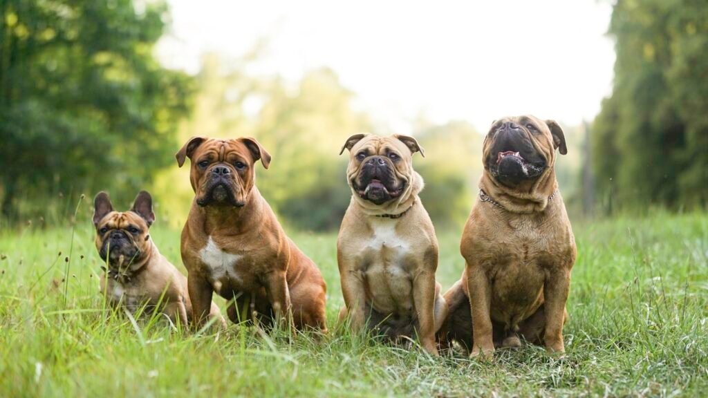 Raças de cachorro de diferentes portes sentadas lado a lado ao ar livre