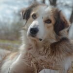 Dias de cio da cachorra depois do sangramento: cadela peluda deitada ao ar livre, atenta e tranquila.