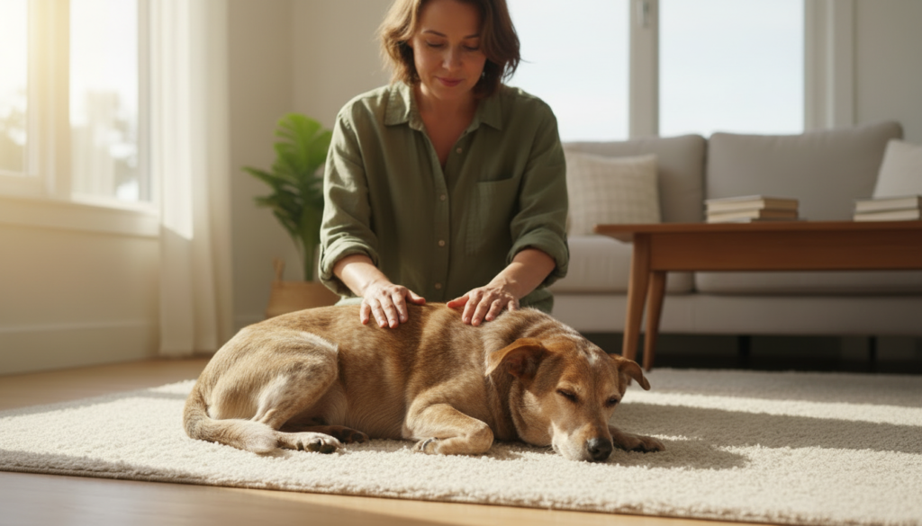 Reiki para cães: tutora aplicando a técnica com as duas mãos sobre o dorso de um cão deitado e tranquilo em tapete de sala iluminada