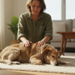 Reiki para cães: tutora aplicando a técnica com as duas mãos sobre o dorso de um cão deitado e tranquilo em tapete de sala iluminada