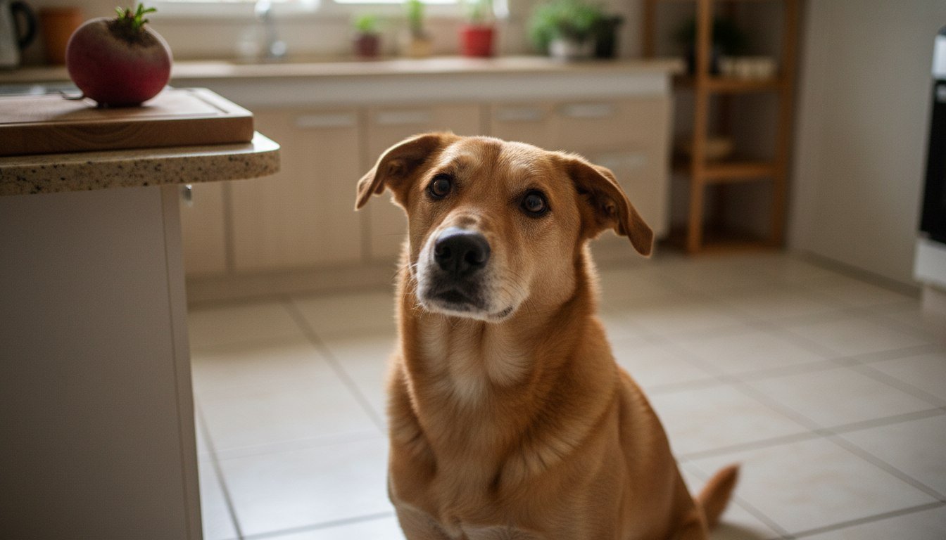 Cachorro pode comer beterraba: cão de pelo caramelo sentado na cozinha ao lado da bancada com uma beterraba sobre a tábua