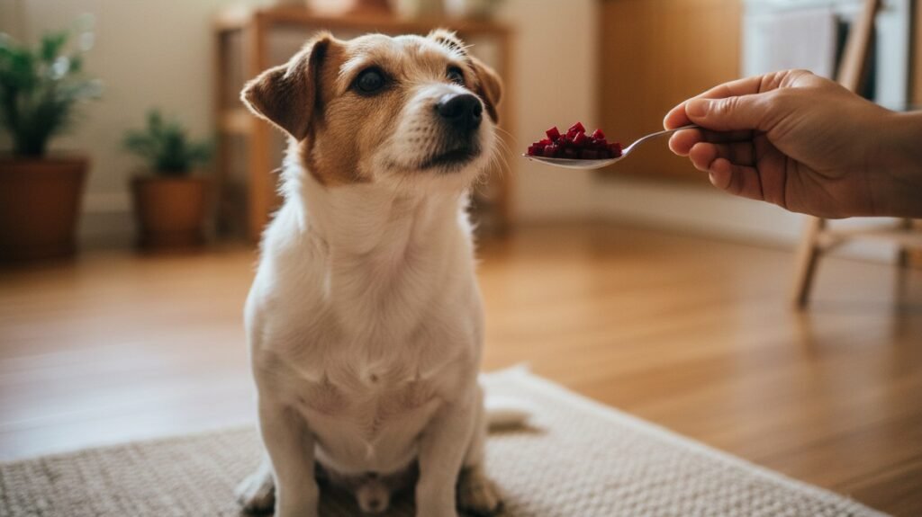 Cachorro pode comer beterraba: cão sentado na sala recebendo uma colher com cubos de beterraba cozida das mãos do tutor