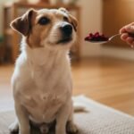 Cachorro pode comer beterraba: cão sentado na sala recebendo uma colher com cubos de beterraba cozida das mãos do tutor