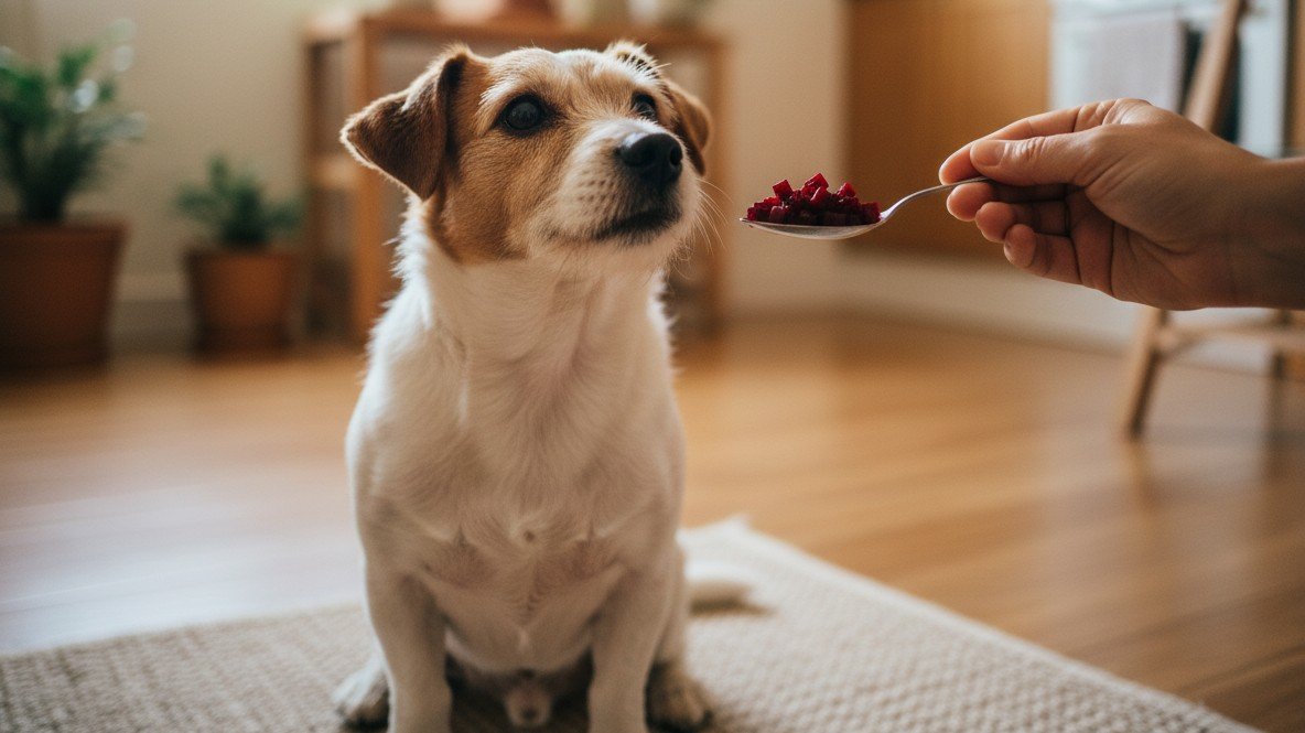 Cachorro pode comer beterraba: cão sentado na sala recebendo uma colher com cubos de beterraba cozida das mãos do tutor