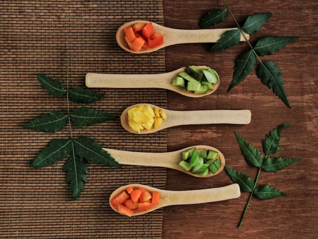 Cachorro pode comer brócolis: cinco colheres de madeira com porções pequenas de frutas e vegetais picados, ilustrando o controle de quantidade