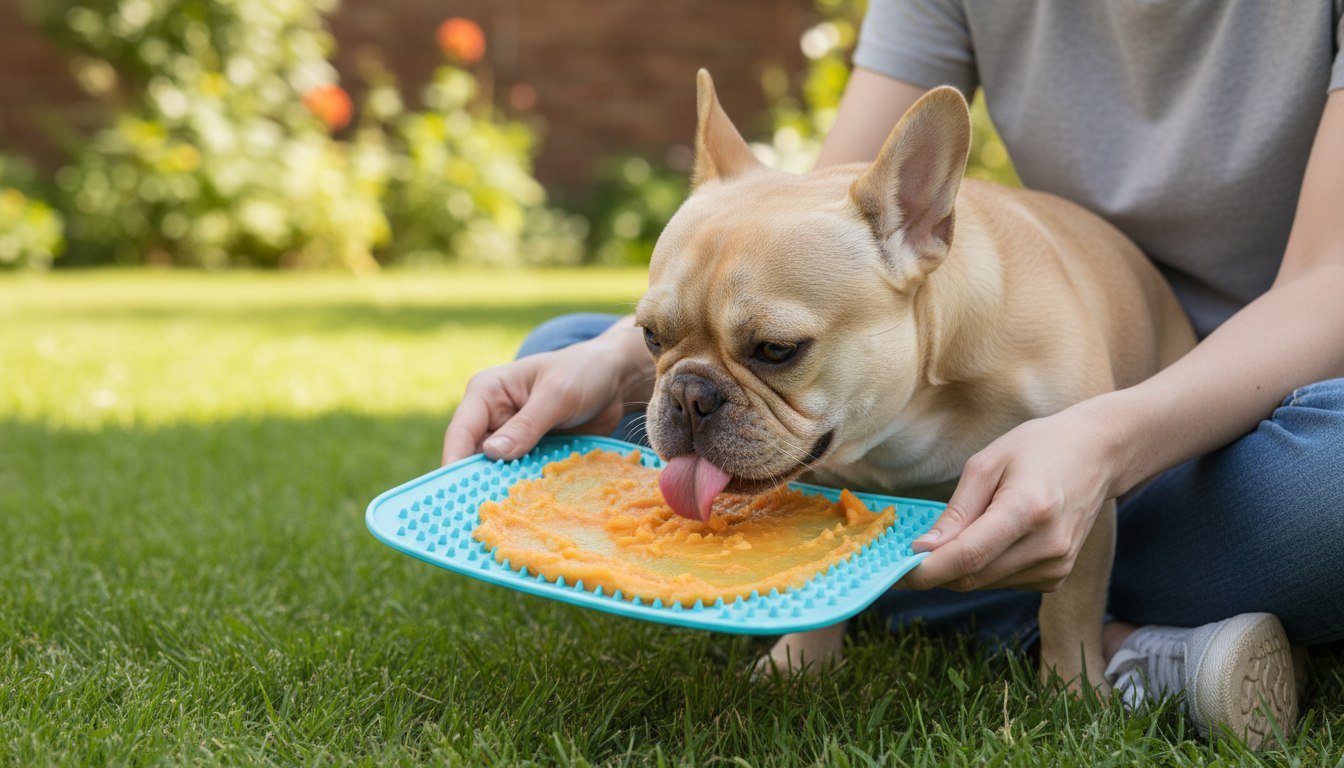 Cachorro pode comer mamão: bulldog francês lambendo mamão amassado espalhado em um tapete de lamber, no gramado