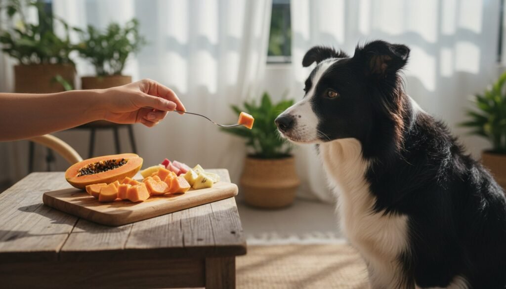 Cachorro pode comer mamão: border collie recebendo um cubo de mamão em um garfo, ao lado da tábua com a fruta cortada em pedaços