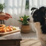 Cachorro pode comer mamão: border collie recebendo um cubo de mamão em um garfo, ao lado da tábua com a fruta cortada em pedaços
