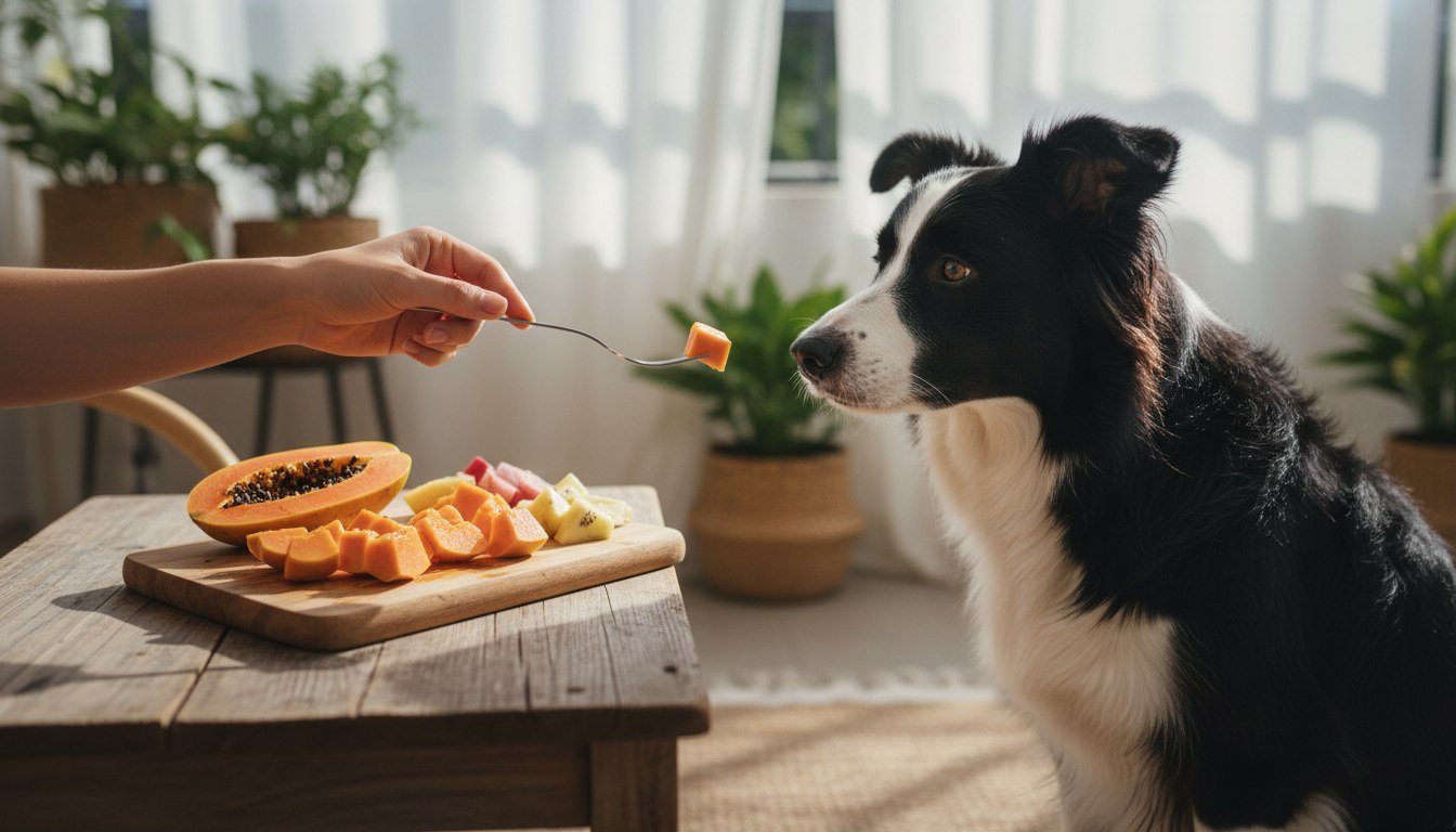 Cachorro pode comer mamão: border collie recebendo um cubo de mamão em um garfo, ao lado da tábua com a fruta cortada em pedaços