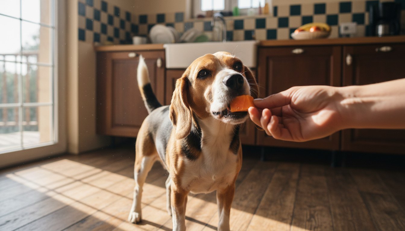 Cachorro pode comer mamão: beagle na cozinha recebendo um pedaço de mamão da mão do tutor