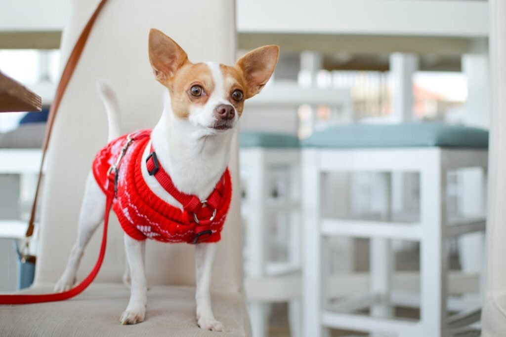 Chihuahua marrom e branco vestindo suéter vermelho para se proteger do frio