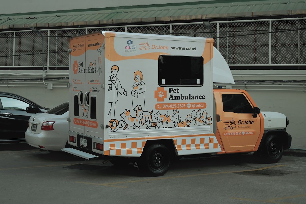 Convulsão em cachorro: ambulância veterinária branca e laranja estacionada, com ilustrações de animais na lateral